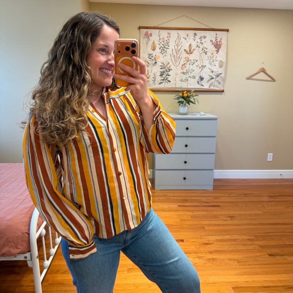Frame Silk Yellow Tan Striped Overized Retro Button Front Long Sleeve Blouse XS - Picture 5 of 13